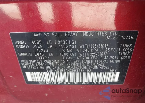 2017 Subaru Outback 2.5I Premium from USA, damaged, VIN 4S4BSAHC9H3284192